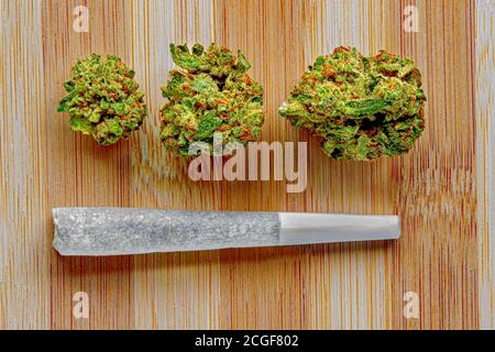 Legal Canadian Pre-Rolls giunti Cannabis su una superficie di legno con fiori secchi di cannabis. Foto Stock