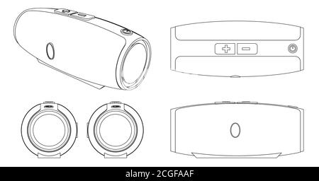 Acustica portatile o speaker mobile BluePrint o schema per la musica in prospettiva. Dispositivo musicale moderno per feste o viaggi Illustrazione Vettoriale