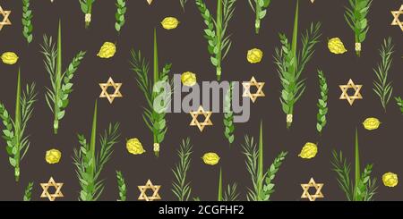 Tradizionale motivo di Sukkot per le feste ebraiche senza giunture. Ebraico torah Lulav dattero palma, Etrog citron, Arava salice e Hadas mirto isolato al buio. Ripetere Illustrazione Vettoriale