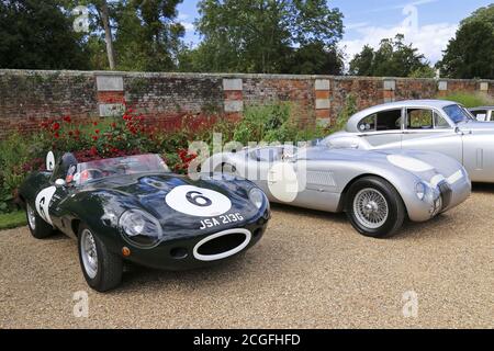 Repliche Jaguar D-Type 3.8 (1968) e Jaguar C-Type 4.2 (2016), display Car Club, Concours of Elegance 2020, Hampton Court Palace, Londra, Regno Unito, Europa Foto Stock