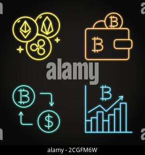 Icona di criptovaluta al neon impostata nello stile della linea Illustrazione Vettoriale
