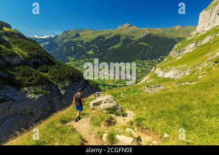 Grindelwald, Svizzera - 6 agosto 2020: Nel pomeriggio si può fare un'escursione sui sentieri che portano a Grindelwald nell'Oberland Bernese. Foto Stock