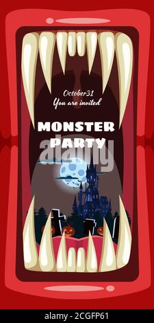Creepy Monster Halloween partito banner spaventoso mostro personaggio denti mascella in bocca closeup scuro castello zucche cimitero. Illustrazione spaventosa del vettore Illustrazione Vettoriale