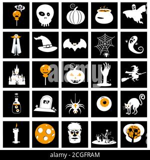 Set Halloween icone e illustrazioni zucche colorate pipistrello, gufo, fantasma, pentola, lune, cappello, lapidi, albero spaventoso, gatto, occhio, ragno. Vettore isolato Illustrazione Vettoriale