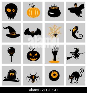 Set Halloween icone e illustrazioni zucche colorate pipistrello, gufo, fantasma, pentola, lune, cappello, lapidi, albero spaventoso, gatto, occhio, ragno. Vettore isolato Illustrazione Vettoriale