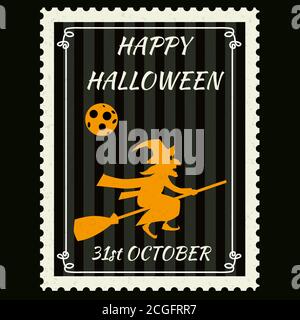 Happy Halloween francobolli con la strega su un bastone di cricchiera, simbolo di carattere halloween cartoon. Vector isolato retro vintage Illustrazione Vettoriale