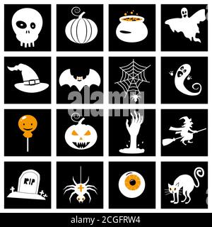 Set Halloween icone e illustrazioni zucche colorate pipistrello, gufo, fantasma, pentola, lune, cappello, lapidi, albero spaventoso, gatto, occhio, ragno. Vettore isolato Illustrazione Vettoriale