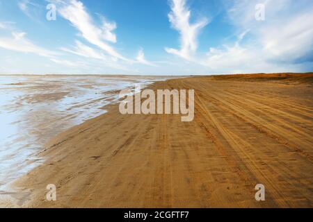 Spiaggia di sabbia a bassa marea. Foto Stock