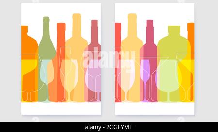 Set di poster con bottiglie di vino e bicchieri. Silhouette in stile sovrastampa. Contorno di bottiglie e bicchieri. Modello vettore Illustrazione Vettoriale