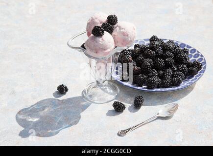 Palline di gelato in un recipiente di vetro con bacche nere su uno sfondo chiaro.orientamento orizzontale. Foto Stock