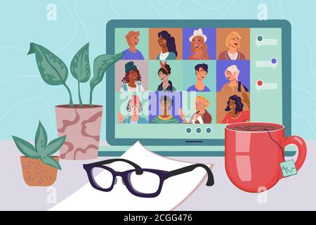 Videoconferenza e formazione online, illustrazione vettoriale del concept del webinar. Illustrazione Vettoriale