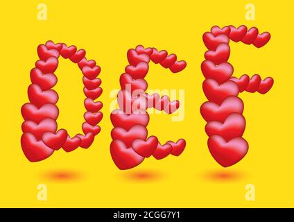 I caratteri vettoriali per il disegno della forma del cuore rosso per il giorno di San Valentino e le occasioni speciali. Alfabeti D, e e F isolati su sfondo giallo Illustrazione Vettoriale
