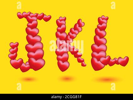 I caratteri vettoriali per il disegno della forma del cuore rosso per il giorno di San Valentino e le occasioni speciali. Alfabeti J K e L isolati su sfondo giallo Illustrazione Vettoriale