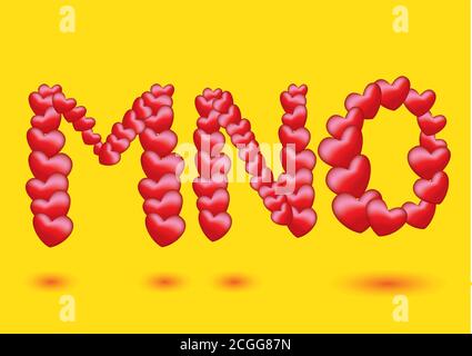 I caratteri vettoriali per il disegno della forma del cuore rosso per il giorno di San Valentino e le occasioni speciali. Alfabeti M, N e o isolati su sfondo giallo Illustrazione Vettoriale