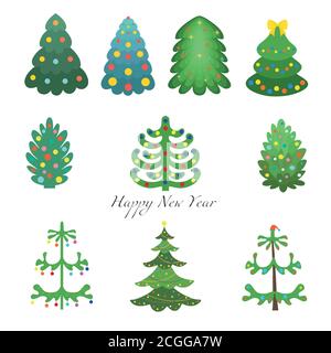 Set di alberi di Natale. Albero di Natale. Albero di Natale decorato. Illustrazioni vettoriali isolate. Illustrazione Vettoriale
