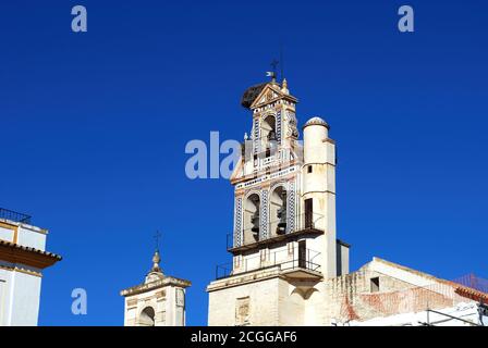 Cicogne nidificanti sul campanile della chiesa di San Francisco (Iglesia San Francisco) in Plaza de Espana, Ecija, provincia di Siviglia, Andalusia, Spagna Foto Stock