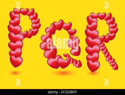I caratteri vettoriali per il disegno della forma del cuore rosso per il giorno di San Valentino e le occasioni speciali. Alfabeti P, Q e R isolati su sfondo giallo Illustrazione Vettoriale