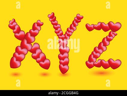 I caratteri vettoriali per il disegno della forma del cuore rosso per il giorno di San Valentino e le occasioni speciali. Alfabeti X, Y e Z isolati su sfondo giallo Illustrazione Vettoriale