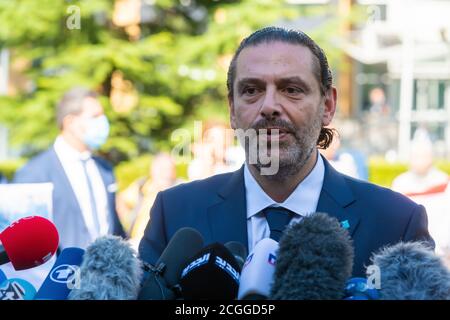 LEIDSCHENDAM, 18 agosto 2020 - Saad Hariri, ex primo ministro libanese, commenta la sentenza del Tribunale speciale per il Libano sul padre Rafik Hariri Foto Stock