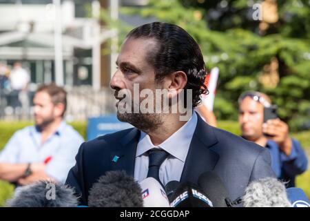 LEIDSCHENDAM, 18 agosto 2020 - Saad Hariri, ex primo ministro libanese, commenta la sentenza del Tribunale speciale per il Libano sul padre Rafik Hariri Foto Stock