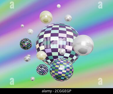 Sfere lucide a scacchi e in metallo su sfondo multicolore, sfera in perla. Sfondo sfera astratto, rendering 3d Foto Stock