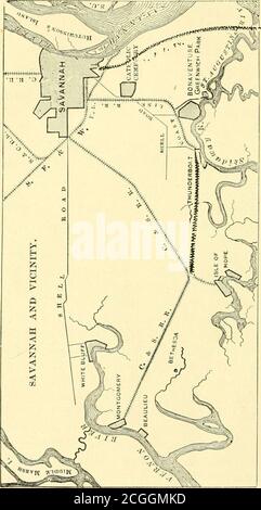 . Savannah e i suoi dintorni . sono sopra le strade conchiglie Thunderbolt e White Bluff, strade maestose, fiancheggiate da maestose querce e torreggianti pini andrich fattorie di fertilità illimitata. Una visita a Savannahsenza un viaggio sulle sue strade conchiglie è incompleta. A metà inverno fioriscono rose selvagge e gelsomini tra le siepi, mescolati con il muschio appeso, e magnolie e i viali di forma altsycamore di bellezza, nessun altro luogo da trovare.un viaggio pomeridiano sotto le maestose querce di Bonaven-ture, con una vista delle grandi paludi saline, E lungo il promontorio di Greenwich Park, e ritorno alla città i Foto Stock