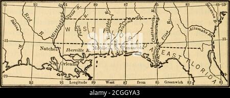 . La storia della democrazia americana, politica e industriale . Louisiana francese e Florida spagnola, 1756. (Con linea di divisione in corrispondenza di Perdido). Inglese Florida occidentale, 1773-1783. (Dal Mississippi all'Appalachicola). Foto Stock