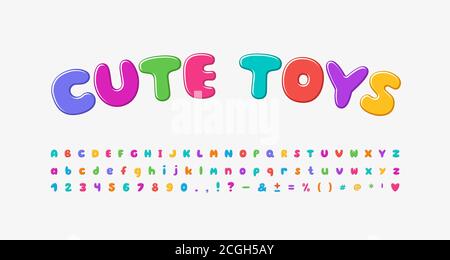 Alfabeto cartoon multicolore, font a forma di bolla arcobaleno colori brillanti. Lettere maiuscole e minuscole, numeri, segni di punteggiatura. Vettore. Illustrazione Vettoriale