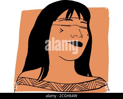 Disegnate a mano il ritratto di una donna tribale con un campione di colore arancione. Collegazione astratta di persone e toni della pelle diversi. Concetto di diversità Foto Stock