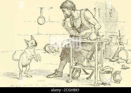 . Alcune delle favole di Aesop : con le istanze moderne disegnate da Randolph Caldecott . IL COPPERSMITH E IL SUO CUCCIOLO D. IL COPPERSMITH E IL SUO CUCCIOLO. Un CERTO Coppersmith aveva un Puppy. Mentre il Copper-smith era al lavoro, il Puppy si addormentò, ma quando venne il tempo del pasto si svegliò. Così il suo padrone, gettandolo un osso, ha detto: Voi sonnolento piccolo misero di un cucciolo, che cosa devo fare con voi, voi inveterate sluggard? Quando sto sbattendo sulla mia incudine yoCAN andare a dormire sul tappetino; ma quando vengo a lavorare il mio teethimmediately siete sveglio largo e wagging la vostra coda a me. IL COPPERSMITH E IL SUO CUCCIOLO. 19 Foto Stock