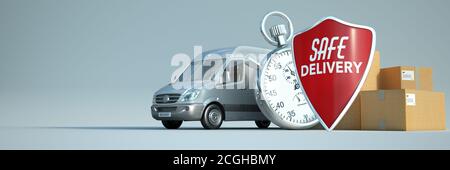 Rendering 3D di un camion, un cronometro con una pila di pacchi e uno scudo con le parole consegna sicura Foto Stock
