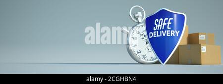 Rendering 3D di un cronometro con una pila di confezioni e uno scudo con le parole consegna sicura Foto Stock