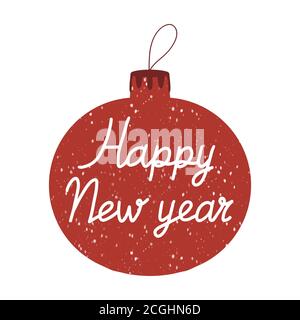 Icona della pallina dell'albero di Natale disegnata a mano con effetto nevicante e scritta Happy New Year all'interno. Isolato su sfondo bianco. Illustrazione Vettoriale