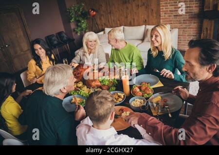 Ritratto di bella attraente adorabile attento allegro allegro nonni di famiglia nonchildren incontro mangiare pasto festoso piatto turchia celebrazione a. Foto Stock