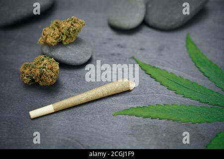 Marijuana medica e foglie di canapa pre-rotolate CBD su sfondo di legno nero.  Prodotti cosmetici biologici e naturali a base di canapa e di bellezza.  Cannabis Foto stock - Alamy