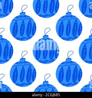 Motivo senza cuciture realizzato a mano blu palla albero di Natale con elementi doodle. Isolato su sfondo bianco. Illustrazione Vettoriale