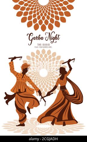 Navratri è un festival di nove giorni per la dea Durga. Poster di celebrazione Durga Puja. Danza Graba e astratto notte dandiya. Illustrazione Vettoriale