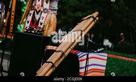 Bamboo Pipe - strumento folcloristico di stile Indiano - spettacolo pubblico di artisti Foto Stock