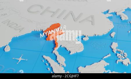 Myanmar evidenziato su una mappa del mondo 3D semplificata bianca. Rendering 3D digitale. Foto Stock