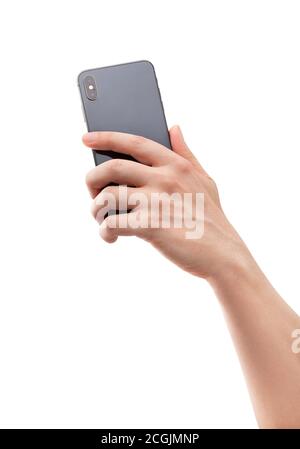 smartphone a mano isolato su bianco Foto Stock