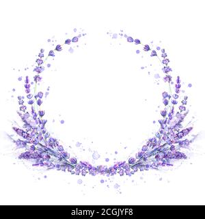 Lavanda fiori viola acquerello cornice rotonda isolato su sfondo bianco. Disegno circolare floreale disegnato a mano con acquerello. Elemento di disegno per inv Illustrazione Vettoriale