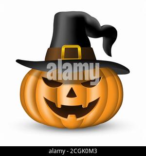 Zucca di Halloween in cappello di strega isolato su sfondo bianco. Illustrazione vettoriale Illustrazione Vettoriale