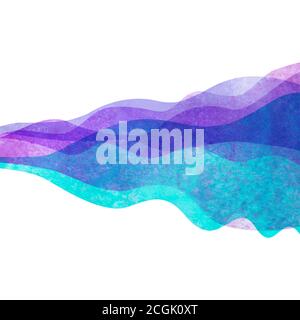 Acquerello trasparente onda viola lavanda teal blu sfondo colorato. Illustrazione delle onde dipinte a mano con acquerello. Sfondo del riquadro banner isolato Illustrazione Vettoriale