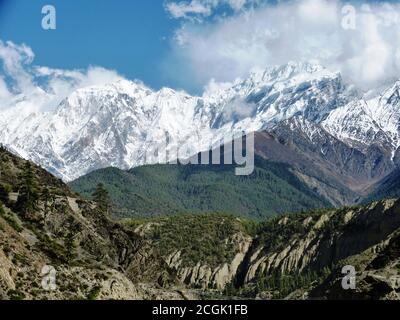 Belle montagne dell'Himalaya a Mustang, Nepal. Incredibile paesaggio montano. Picchi di neve. Area protetta di Annapurna. Verde bosco di conifere. Foto Stock