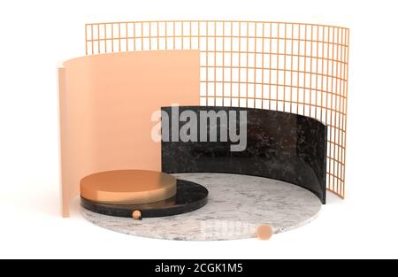Scena podio astratta con forme geometriche. Cilindro marmo e podio oro su sfondo bianco. Presentazione del prodotto, simulazione, piattaforma. rendering 3d Foto Stock