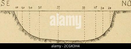 . Annali di botanica . Fig. 3. - i dxie laghi di Monticchio : schizzo planimetrico : limiti della vegetazione. 12 del mattino la temperatura dellaria era di 22.4, quella superficialedellacqua, presso la riva, 25.7; alle ore 10 ant. temp, dellaria 24°,temp, superficiale dellacqua 26°.2. Tale temperatura va però sinuendo abbastanza rapidamentecon la profondità: A circa 5 m. è di 24°, a 6 m. 14° a 20 m, 10 (mi-surazioni fatte con termometro a rovescio Negretti-Zambra). I fianchi del monte o, per mezzo di ira, le pareti del cratere, sci-dono ripide al lago per buona j^arte della sua cir Foto Stock