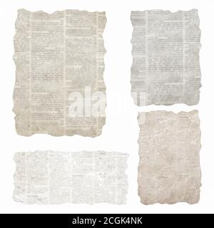 Set di pezzi di giornale strappati isolati su sfondo bianco. Vecchi giornali grunge carta testurizzata raccolta. Fogli vintage tipizzati di carta da giornale. Illeggibile Illustrazione Vettoriale