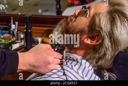 Mantenere la forma della barba. Migliora la tua esperienza di taglio dei capelli. Capelli del viso. Fate crescere la barba e i baffi. Uomo al barbiere. Parrucchiere. Barbiere professionale e cliente. Rifinitura della barba in primo piano. Foto Stock