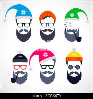 Serie vettoriale di volti con cappelli Santa, baffi e barbe. Vari doodles Natale elementi di design Santa. Icone delle festività Illustrazione Vettoriale