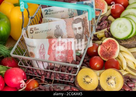 Cestino con pesos colombiani, prodotti alimentari, verdure e frutta. Il concetto di inflazione, l'aumento dei prezzi e più costoso f Foto Stock